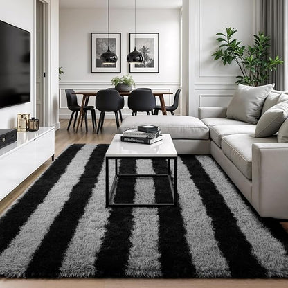 Zentavio Area Rugs for Living Room Rugs for Bedroom 4x6 Carpet Fluffy Fuzzy Soft Shag Aesthetic Plush High Pile Gray Throw Rug for Nursery Kids Room Dorm Horizontal Stripes Black Grey