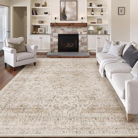 10x12 Beige Area Rug Vintage Living Room Bedroom Washable Carpet Non-Slip Soft Low Pile Distressed Indoor Large Throw Rug for Dining Room Office