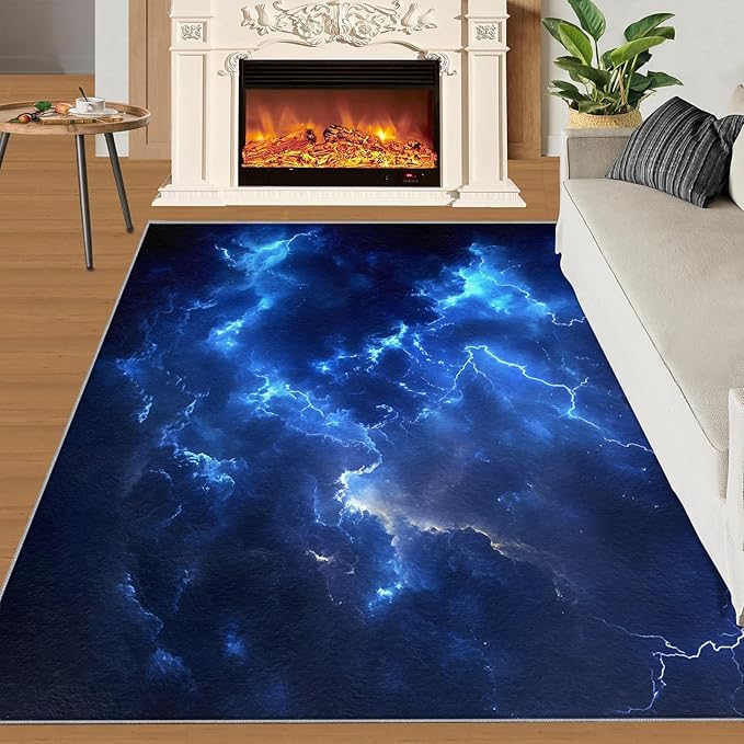 3x6 Lightning Bedroom Rug Under Bed - Natural Weather Kids Room Rugs, Thunderstorm Lightning Bedroom Runner Rug Soft Washable for Living Room Kitchen