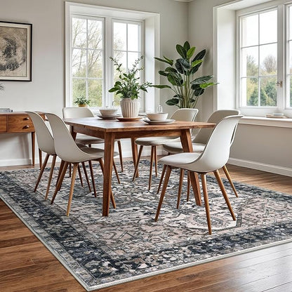 KOZYFLY Boho Area Rug 6x9 Ft Thin Washable Rugs for Bedroom and Living Room Faux Wool Printed Throw Carpet Non Slip Rug for Entryway Kitchen Dining Room, Black/Taupe/Beige