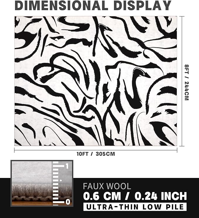YIHOUSE Modern Area Rugs for Living Room, 8x10 Washable Black and White Rug, Thin Abstract Geometric Striped Rug, Area Rug for Bedroom,Kitchen,Dining Room,Office