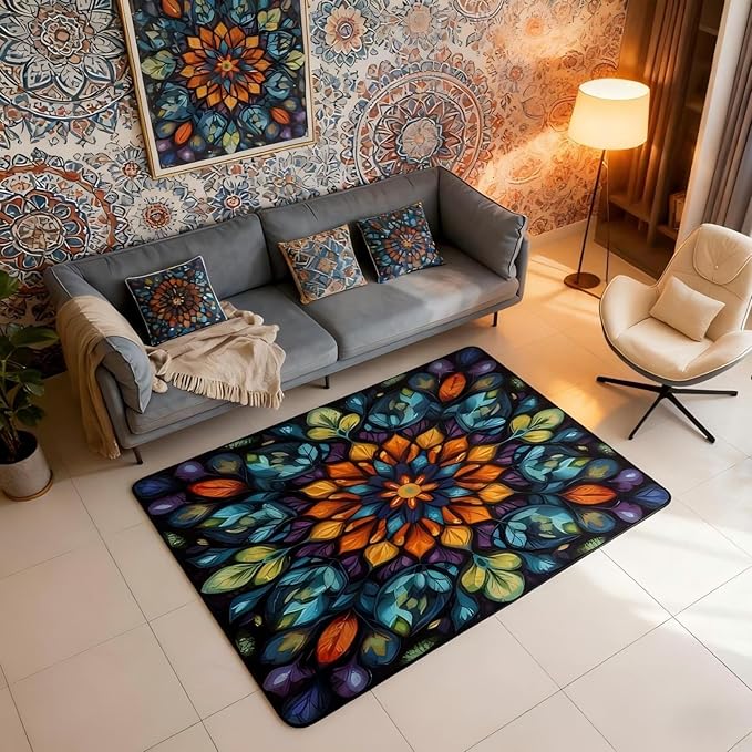 Vintage Mandala 3x5 Area Rug Bohemian Style Watercolor Flower Rugs for Living Room | Boho Floral Washable Rug, Antique Decor Victorian Damask Carpet Indoor Floor Mat