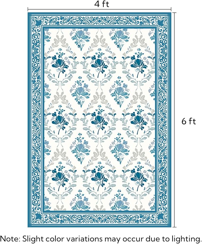 SOULFUL Medium Pile 4x6 Rugs for Living Room - Soft Underfoot Area Rug - Blue Boho Floral - Washable Non-Slip - Perfect for Bedroom Kids Room Under Dining Table Office