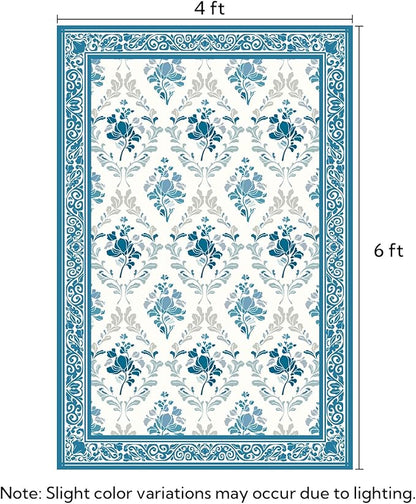 SOULFUL Medium Pile 4x6 Rugs for Living Room - Soft Underfoot Area Rug - Blue Boho Floral - Washable Non-Slip - Perfect for Bedroom Kids Room Under Dining Table Office