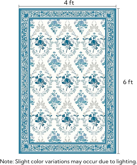 SOULFUL Medium Pile 4x6 Rugs for Living Room - Soft Underfoot Area Rug - Blue Boho Floral - Washable Non-Slip - Perfect for Bedroom Kids Room Under Dining Table Office