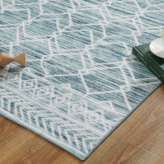 jinchan Moroccan Runner Rug 2x8 - Kitchen Machine Washable Runner Rug Modern Geometric Low-Pile Lightweight Non-Slip Carpet for Entryway Hallway Laundry Room Bedroom Bedside (2x8ft, Teal Blue)