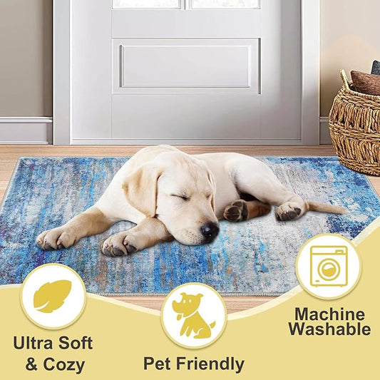 COMSLE Door Mat Soft Absorbent Indoor Front Entryway Rug Machine Washable Entrance Mats for Muddy Paws Non Slip Throw Rugs 32" x 48" Doormat for Inside Foyer Bedroom - Blue