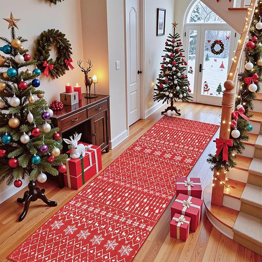 Lahome Christmas Runner Rug 2x8 for Hallway Red Non Slip Washable Runners for Kitchen Low Pile Carpet Moroccan Snowflake Throw Rug for Kitchen Entryway Laundry Narrow Space Xmas Holiday Decor