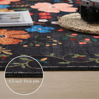 Rugcomf Round Rug 4ft Washable Circle Rug Non Slip Low Pile Boho Floral Small Circular Rug for Bedroom, Bathroom, Entryway, Kids Room, Office, College Dorm(Black)