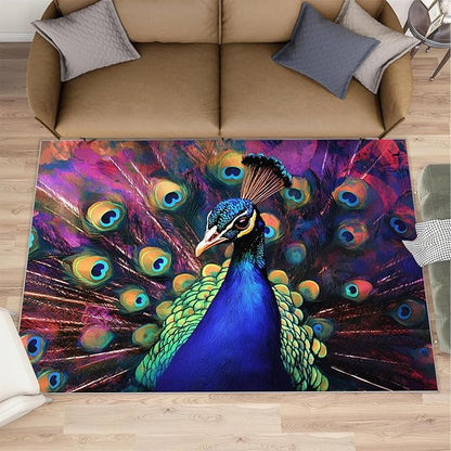 Peacock Rugs for Bedroom - 2x3 Area Rug - Watercolor Peacock Rugs for Living Room, Abstract 3D Animal Rug, Non-Slip Washable Home Decor Carpet