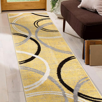 Rugshop Wavy Circles Design Runner Rug, Fade-Resistant Carpet for Hallway, Entryway, or Kitchen, Yellow, 2' x 7'2"
