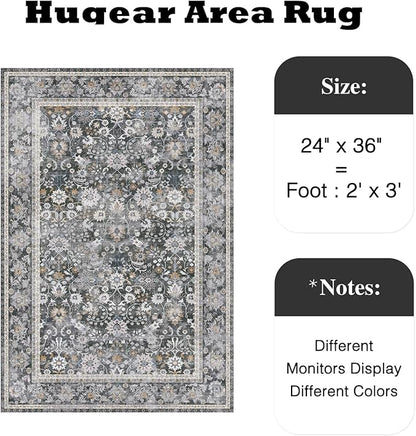 HUGEAR 2x3 Small Rug Machine Washable Area Rug Black Grey Entryway Rugs Entrance Door Mat Indoor Floral Low Pile Carpet Distressed Throw Rugs Kitchen Bedroom Office Non Slip