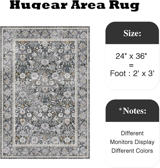 HUGEAR 2x3 Small Rug Machine Washable Area Rug Black Grey Entryway Rugs Entrance Door Mat Indoor Floral Low Pile Carpet Distressed Throw Rugs Kitchen Bedroom Office Non Slip