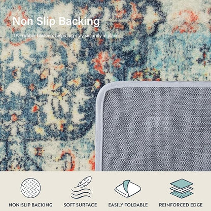 Lahome Bohemian Floral Medallion Area Rug - 2x3 Vintage Teal Distressed Small Entryway Rug Turkish Doormat Faux Wool Non-Slip Washable Low-Pile Carpet for Bathroom Kitchen Laundry Room Decor