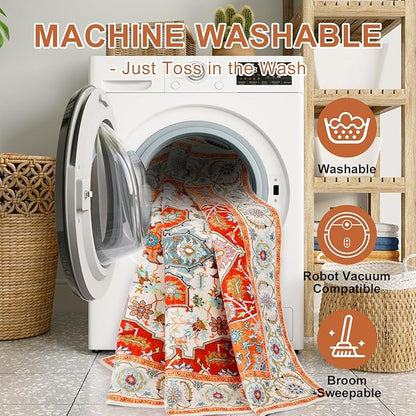WILLSUN Washable Area Rugs, 8x10 Non-Slip Boho Large Area Rugs for Living Room, Bedroom, Machine Washable Vintage Rug, Indoor Floral Print Carpet for Home Decor, Kid & Pet Friendly Mat