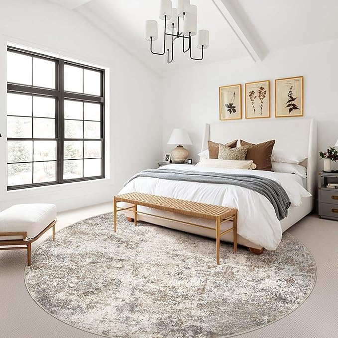10ft Round Area Rug Living Room Rugs - 10x10 Washable Large Neutral Modern Abstract Soft Thin Rug Indoor Floor No Slip Rug Carpet for Bedroom Under Dining Table Home Office Decor - Brown Grey