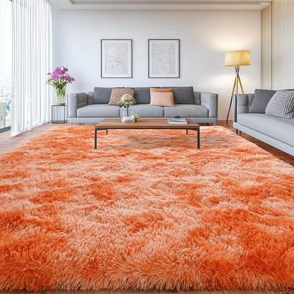 Extra Large Plush Rug High Pile Fluffy Rug for Living Room, Big Plush Non-Skid Shag Carpet, Soft Shaggy Rugs for Bedroom Indoor Modern Home Decor Tie Dye Orange 9x12ft