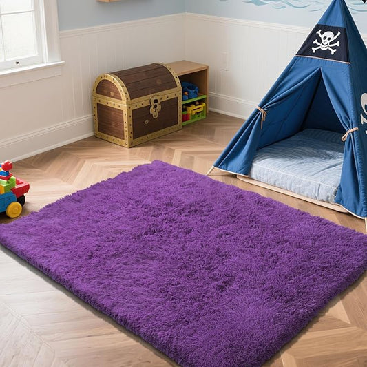 Purple Fluffy Rug Shaggy Area Rug, 5x8 Area Rugs for Girls Bedroom, Soft Cute Baby Play Mat, Indoor Floor Carpet for Teen, Nursery, Preppy Dorm, Plush Aesthetic Bedside Rug
