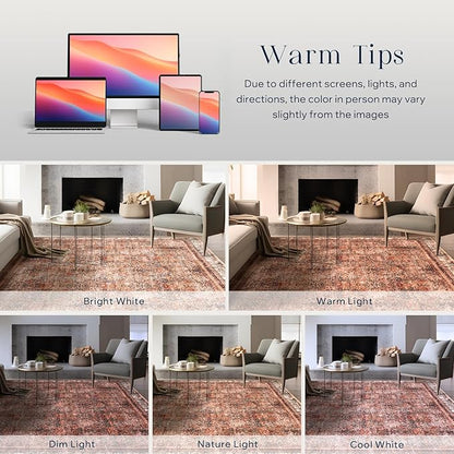Phantoscope Washable Area Rug 8'x10' Non-Slip, Vintage Neutral Xmas Rugs for Living Room, Bedroom, Dining Room, Distressed Boho Floral Medallion Pattern, Low-Pile Foldable Carpet, Brick Red/Black