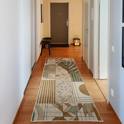 Ambesonne Mid Century Modern Boho Decorative Rug, Monstera Leaf Geometric Grid Ornaments and Circles, Quality Carpet Bedroom Dorm and Living Room, 2' 5" x 7' 5", Tan Ginger and Laurel Green