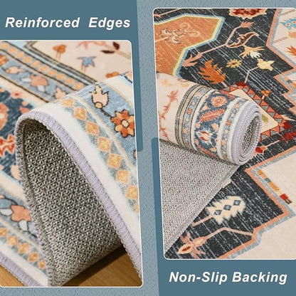 3x5 Orange Beige Area Rug for Living Room, Machine Washable Rugs with Non-Slip Backing for Bedroom, Vintage Medallion Carpet Kitchen Laundry Kids Room Decor