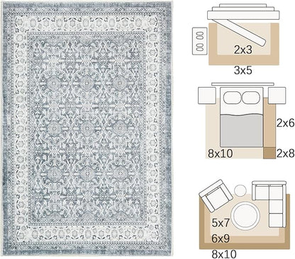 jinchan Floral 8x10 Area Rugs for Living Room - Machine Washable Vintage Distressed Boho Design Throw Rug Stain Resistant Carpet Low-Pile Thin Non-Slip for Bedroom Dining Room Nursery (8‘x10', Grey)
