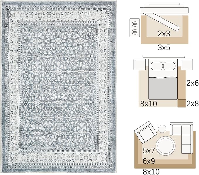 jinchan Floral 6x9 Area Rugs for Living Room - Machine Washable Vintage Distressed Boho Design Throw Rug Stain Resistant Carpet Low-Pile Thin Non-Slip for Bedroom Dining Room Nursery (6‘x9', Grey)