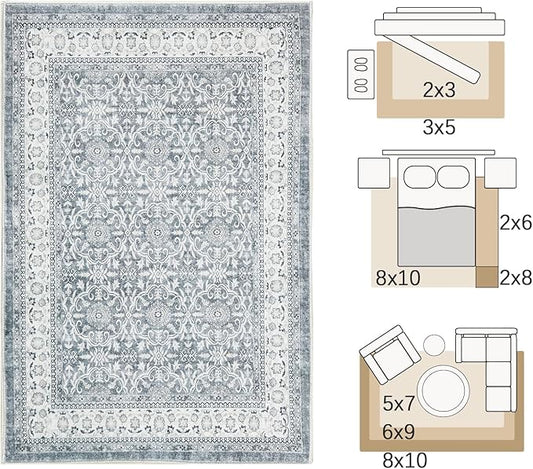 jinchan Floral 9x12 Area Rugs for Living Room - Machine Washable Vintage Distressed Boho Design Soft Throw Rug Large Carpet Low-Pile Thin Non-Slip for Bedroom Dining Room Nursery (9‘x12', Grey)