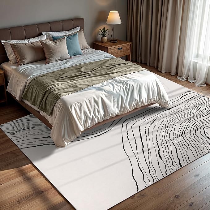 GLN Rugs Contemporary Collection - Machine Washable Area Rug, Contemporary Washable, Non Slip, Low Pile Chenille Rug, Living Room, Bedroom, Kitchen Rug (4' x 6' Beige Black)