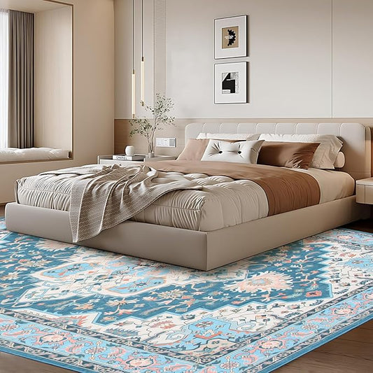 WILLSUN Washable Area Rugs, 8x10 Non-Slip Boho Large Area Rugs for Living Room, Bedroom, Machine Washable Vintage Rug, Indoor Floral Print Carpet for Home Decor, Kid & Pet Friendly Mat