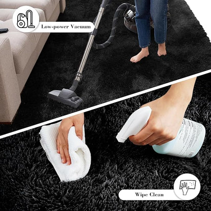 Soft Runner Rugs for Bedroom, Black 3x7 Area Rugs Fluffy Rug Shaggy Area Rug Carpet, Bedside Rug for Living Room Bedroom Kids Room Home Decor