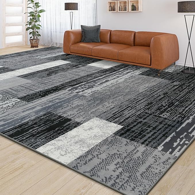 Large Area Rugs,Modern Geometric Patchwork Floor Decor for Bedroom Aesthetic Carpet, Rockwood Collection, Indoor Rugs for Living Room, Dining Room, Nursery, Office, Machine Washable Rug,5x8 Ft Grey
