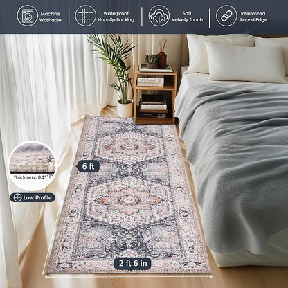 PURRUGS Vintage Farmhouse Boho Runner Rug 2'6" x 6', Non-Slip Machine Washable Rug, Accent Area Rug for Kitchen, Hallway, Entryway, Bedroom, Living Room and Dining Room, Coral Red/Marine Blue