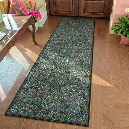 Lahome Floral Washable Runners for Hallways, 2x6 Runner Rug Non Slip Ultra-Thin, Boho Soft Hallway Rug Forest Green Carpet for Kitchen Bedroom Bathroom Laundry Room, Dark Green