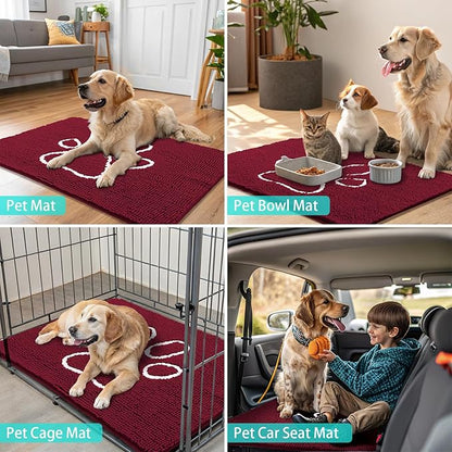 Smiry Dog Door Mat for Muddy Paws, Absorbent Dirt Trapper Non Slip Quick Dry Washable Chenille Mat for Mud Dogs, Entry Rug for Indoor and Outdoor (40x32 Inches, Burgundy and White)