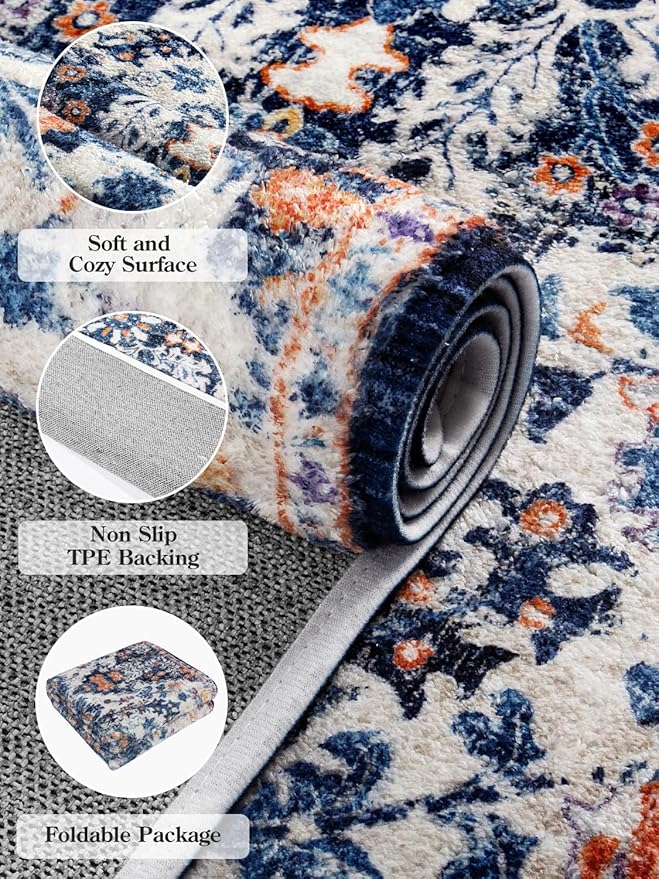 Lahome Bohemian Floral Medallion Area Rug - 3x5 Blue Soft Entryway Rug Washable Bedroom Mat, Cute Non Slip Indoor Office Carpet for Kitchen Mudroom Bathroom Coffee Table Hall Foyer