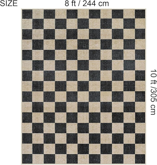 LIVEBOX 8x10 Area Rugs for Living Room, Checkered Non-Slip Washable Rugs, Farmhouse Neutral Classic Geometric Pattern Large Boys Area Rug for Bedroom, Carpet for Dining Room Office (Black,8'x10')