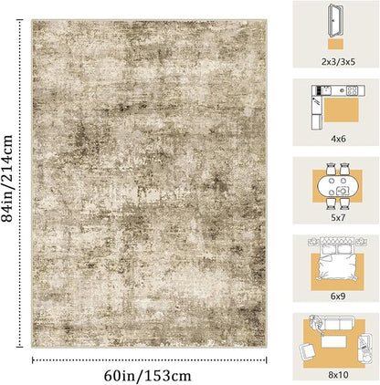 5x7 Machine Washable Area Rug for Living Room, Brown Modern Vintage Abstract Rug Large Non-Slip Low Pile Soft Faux Wool Carpet, Kids and Pets Friendly for Bedroom Dining Room Farmhouse Home Decor Rug
