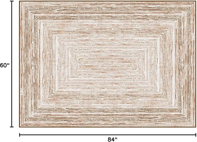 Phantoscope Washable Area Rug 5'x7' Non-Slip, Modern Neutral Boho Rugs for Living Room, Bedroom, Dining Room, Distressed Geometric Rectangle Pattern, Low-Pile Foldable Floor Carpet, Neutral Beige/Rust