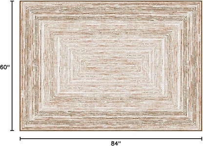 Phantoscope Washable Area Rug 5'x7' Non-Slip, Modern Neutral Boho Rugs for Living Room, Bedroom, Dining Room, Distressed Geometric Rectangle Pattern, Low-Pile Foldable Floor Carpet, Neutral Beige/Rust