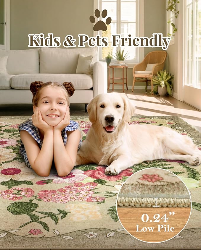 Floral Rug for Living Room - 4x6 Washable Area Rugs Non-Slip Soft Low-Pile Stain Resistant Carpet Flower Vintage Indoor Rug for Bedroom Dining Room Office Nursery Room, Brown