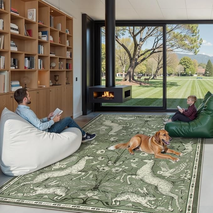 Lahome Boho Animal 6x9 Washable Living Room Area Rugs, Green Soft Rugs for Bedroom, Botanical Large Boho Non Slip Dining Room Carpet for Under Table Office Kids Playroom (6x9ft,Green)