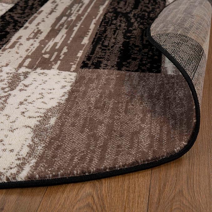 Superior Indoor Area Rug, Jute Backing, Plush Modern Rugs for Entryway, Kitchen Floors, Office Floor Cover, Color Block Rugs, Rockwood Collection, 8' Round, Chocolate