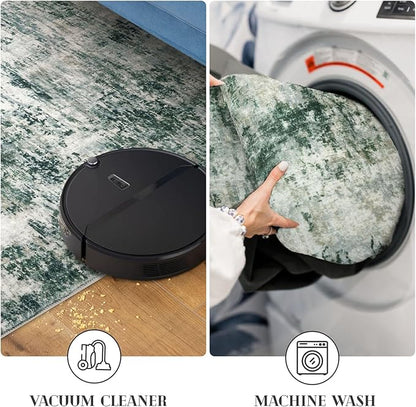 Modern Abstract Runner Rug 2x5, Grey Green Washable Entryway Kitchen Runner Non-Slip Soft Hallway Rug Runner Thin Print Faux Wool Carpet for Bedroom Laundry Room Indoor