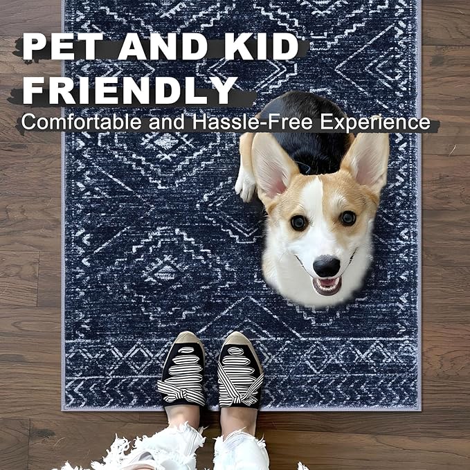 KILOCOCO Boho Entryway Rug 3x5 Area Rug Washable Non Slip Printed Throw Rugs Soft for Kitchen Living Room Dining Bedroom Geometric Moroccan Carpet, Dark Blue