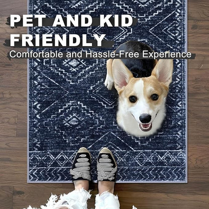 KILOCOCO Area Rug 4'x6' Entryway Rug Washable Bedroom Rugs Non Slip Printed Boho Low-Pile Rubber Backed Blue Soft Rugs for Kitchen Living Room Dining Geometric Moroccan Carpet, Dark Blue