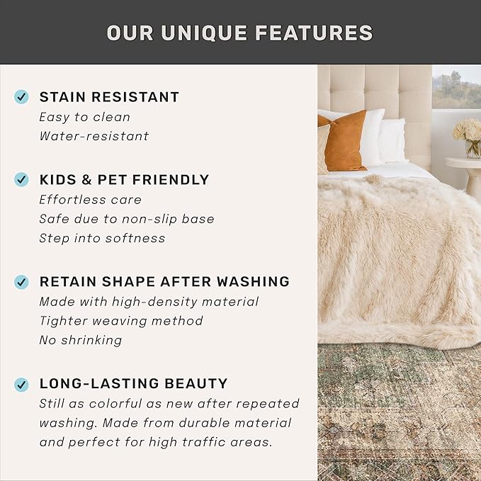 Farmhouse Floor Rugs for Living Room - Brown and Green Dining Room Area Rugs 8x10 for Bedroom, Washable, Soft, Lightweight & Stain Resistance, Neutral Dark Vintage Medallion Decor