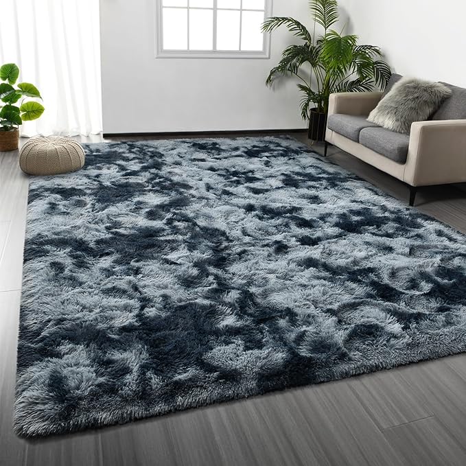 Large Shag Area Rugs 8 x 10, Tie-Dyed Plush Fuzzy Rugs for Living Room, Ultra Soft Fluffy Furry Rug for Bedroom, Indoor Carpet Nursery Rugs for Kids Room Home Decor, Blue and Grey