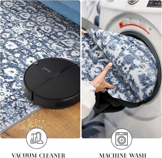 Runner Rug 2.6x12, Light Blue White Washable Long Hallway Rug Runner Non-Slip Soft Kitchen Runner Thin Printed Faux Wool Super Soft Carpet for Entryway Bedroom Laundry Room Indoor Home Decor