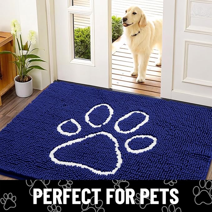 Smiry Dog Door Mat for Muddy Paws, Absorbent Dirt Trapper Non Slip Quick Dry Washable Chenille Mat for Mud Dogs, Entry Rug for Indoor and Outdoor (48x30 Inches, Navy Blue and White)